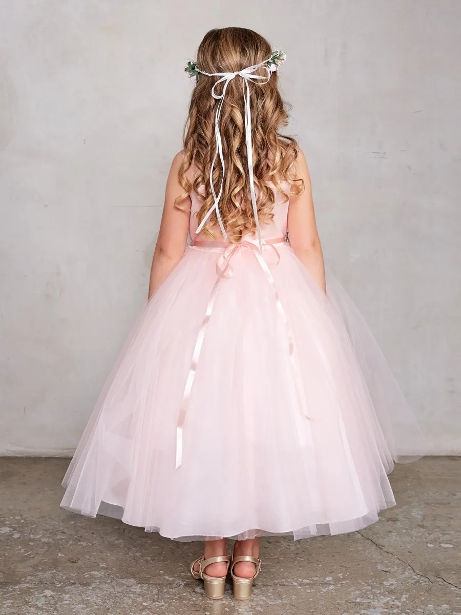 5805 Size 4 Blush Girls Tea Length Lace Flower Girl Dress Tulle Skirt Sheer Neckline