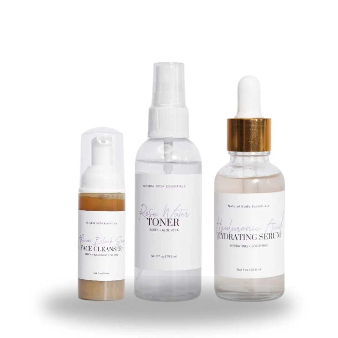 African Black Soap Facial Cleanser, Tea Tree Oil & Rose Facial Toner and Hyaluronic Acid Hydrating Serum- Face Care Bundle
