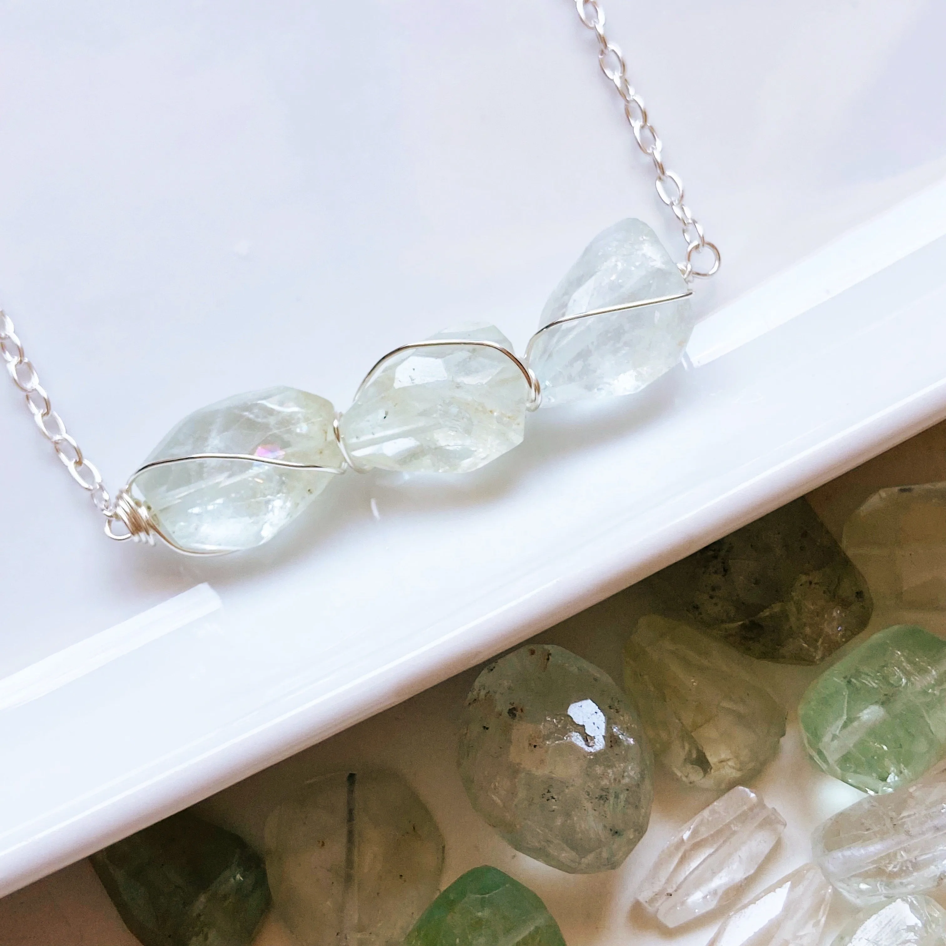 Aquamarine Trio Necklace in Gold or Silver (19 inches)