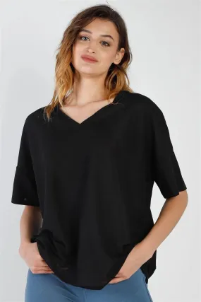 Black V-Neck Short Sleeve Relaxed Top /1-1-1