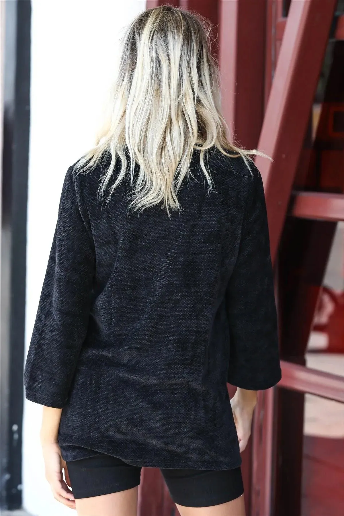 Black Velvet Textured Kimono Midi Sleeve Sweater /1-1-1