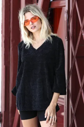 Black Velvet Textured Kimono Midi Sleeve Sweater /1-1-1