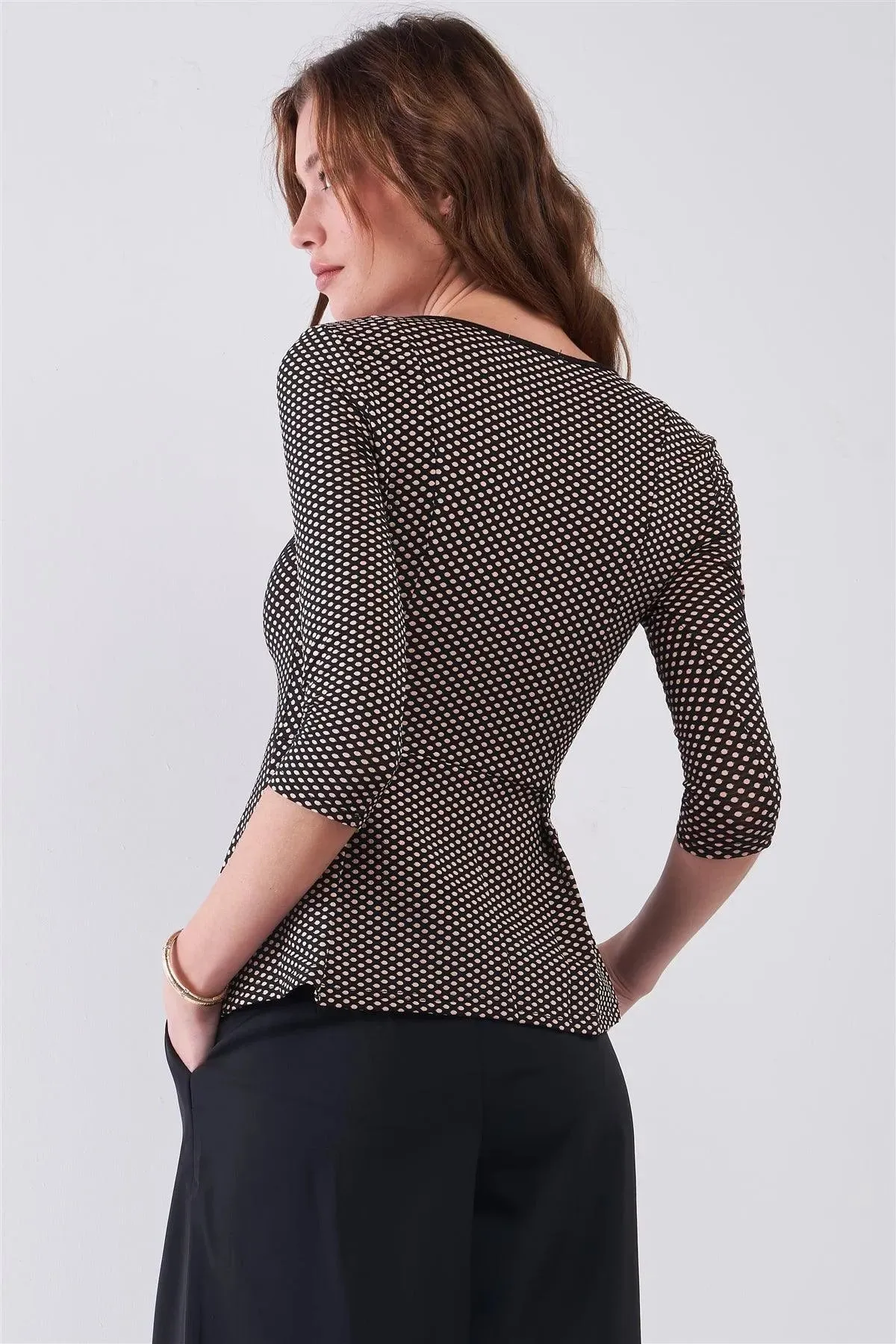 Blush & Black Polka Dot Pattern Print Scoop Neck Midi Sleeve Fit & Flare Top /2-1-3-1