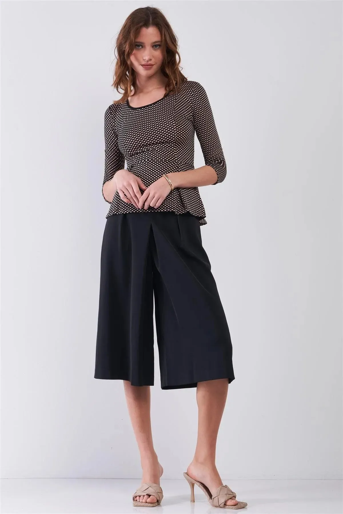 Blush & Black Polka Dot Pattern Print Scoop Neck Midi Sleeve Fit & Flare Top /2-1-3-1