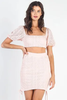 Blush Crochet Crop Top & Side Ruched Tie Detail Mini Skirt Set /3-2-1