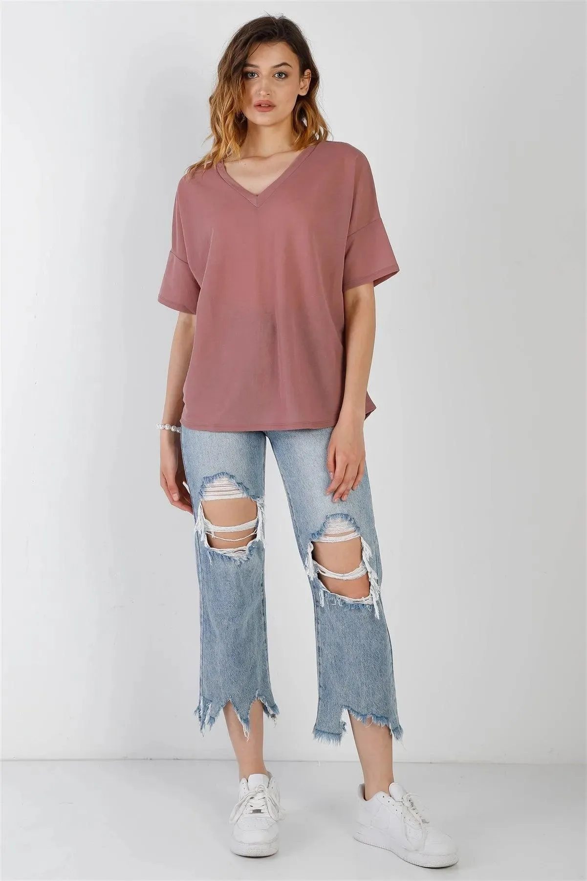 Blush V-Neck Short Sleeve Relaxed Top /1-1-1