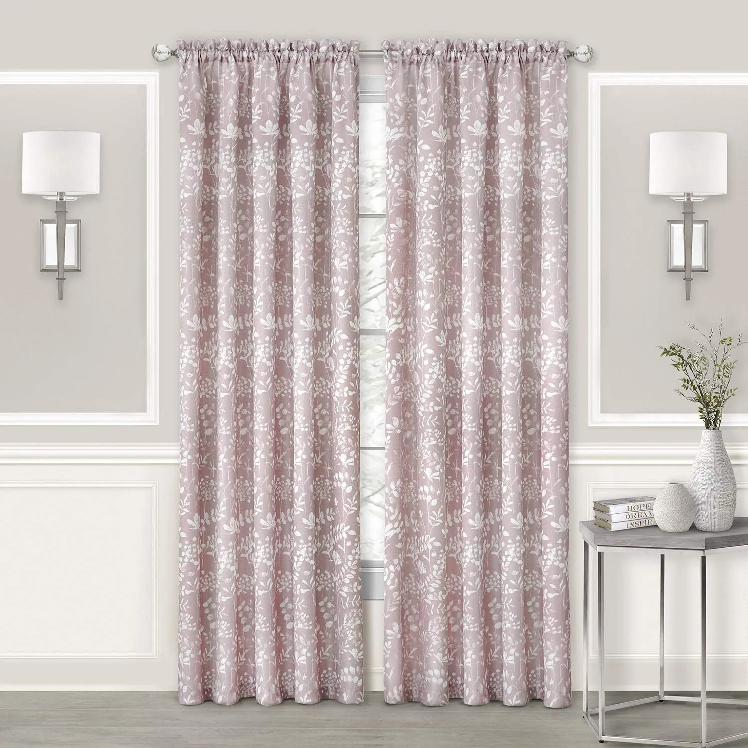 Charlotte Floral Design Rod Pocket Window Panel And Valance Treatments, Blush