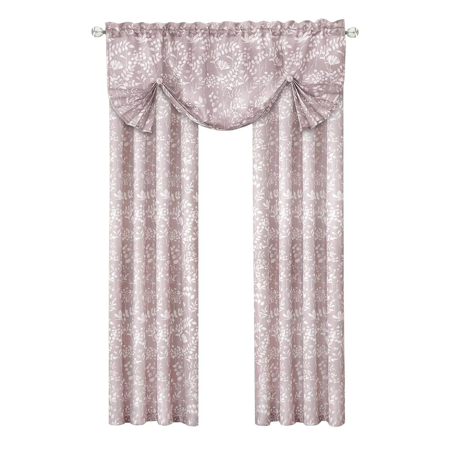 Charlotte Floral Design Rod Pocket Window Panel And Valance Treatments, Blush