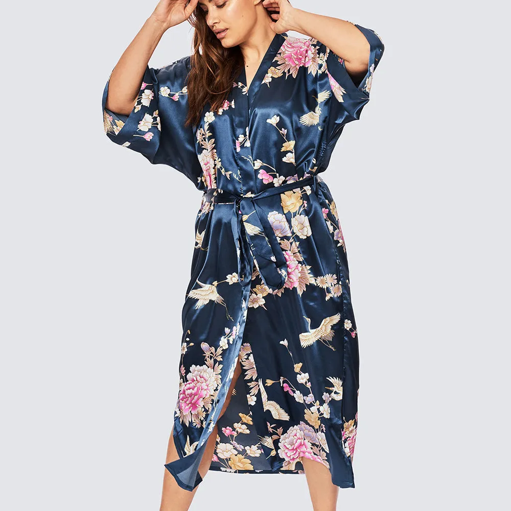 Chrysanthemum & Crane Long Kimono Robe (Plus Size)