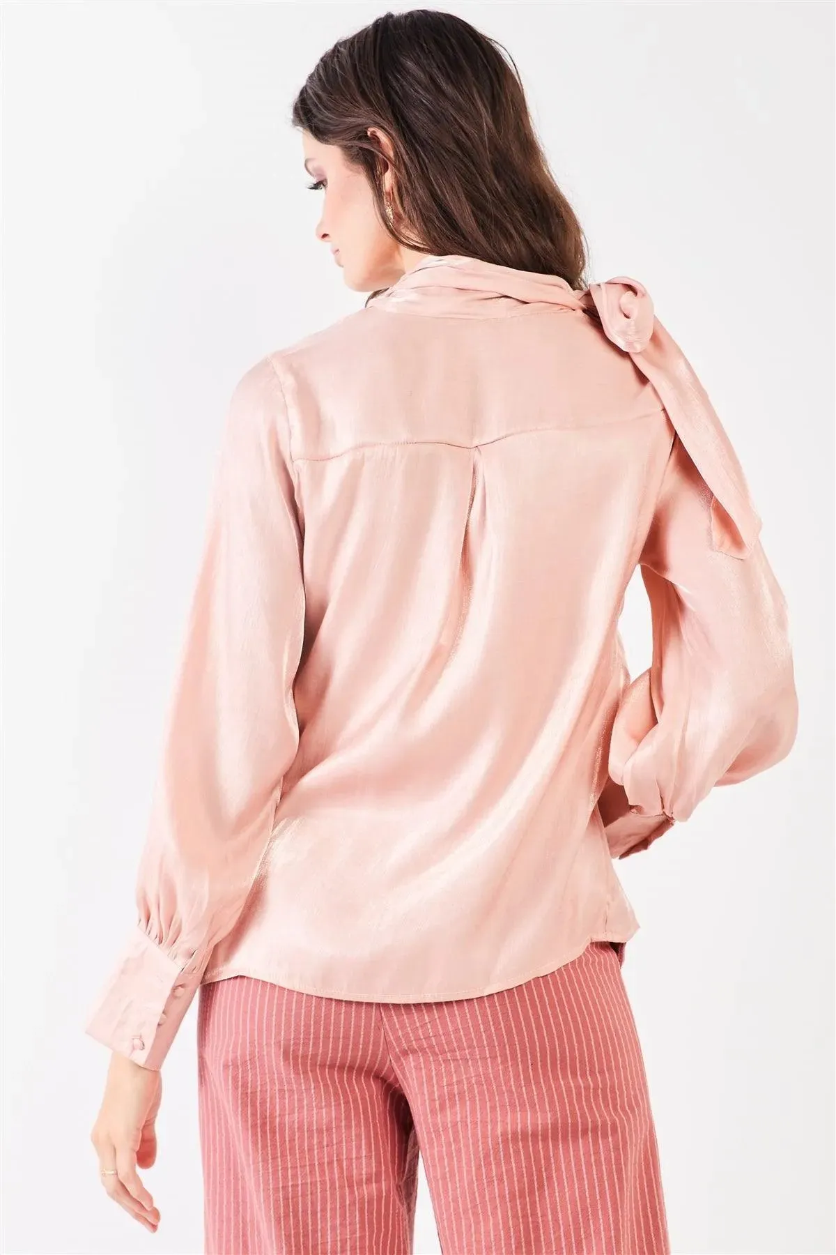 El Mirage Blush Chiffon Bishop Sleeve Tie-Neck Blouse Top /2-2-2