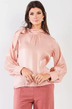 El Mirage Blush Chiffon Bishop Sleeve Tie-Neck Blouse Top /2-2-2