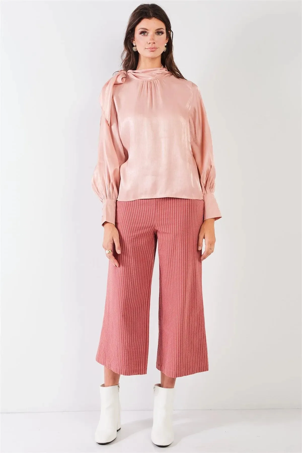 El Mirage Blush Chiffon Bishop Sleeve Tie-Neck Blouse Top /2-2-2