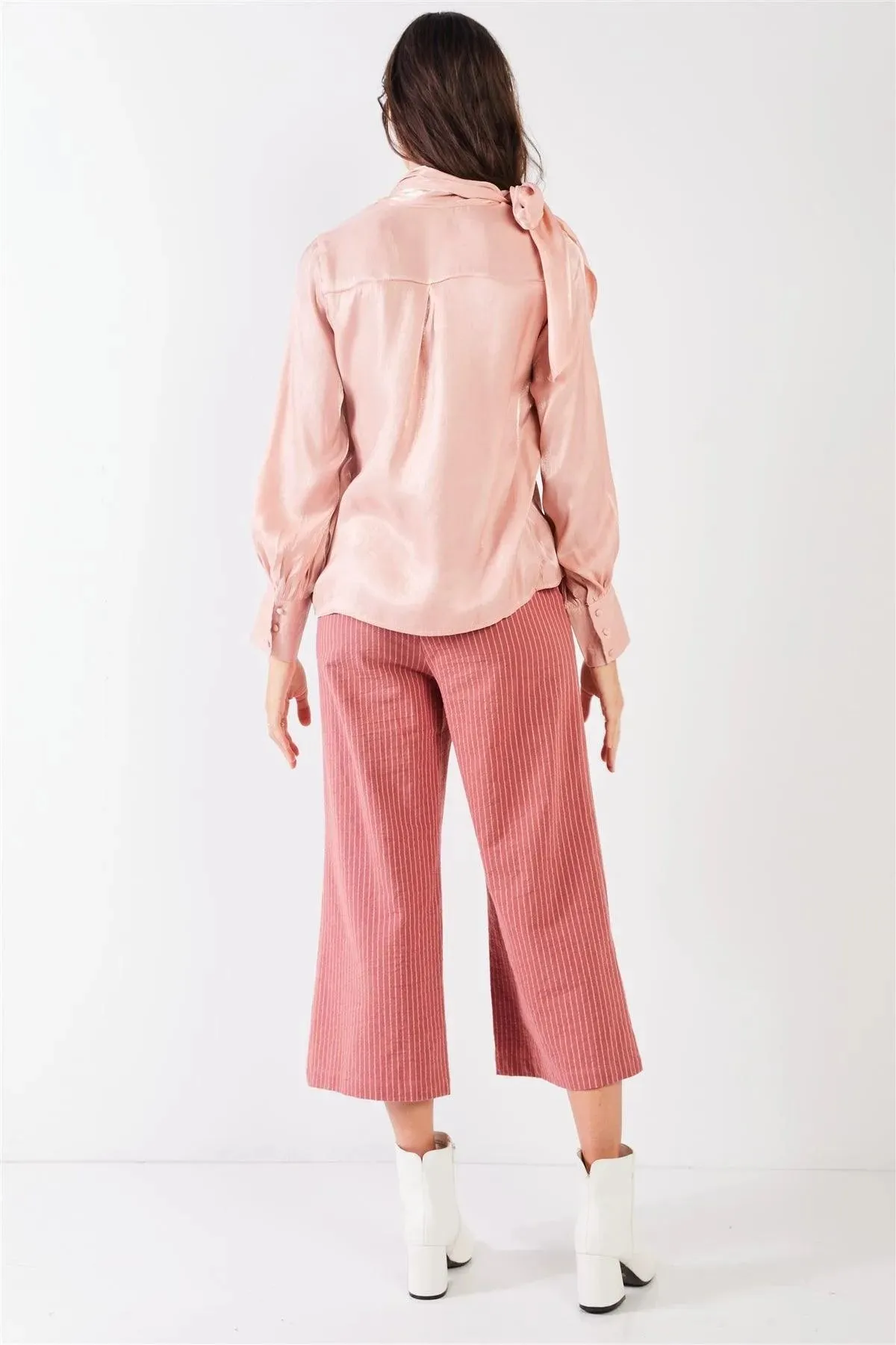 El Mirage Blush Chiffon Bishop Sleeve Tie-Neck Blouse Top /2-2-2