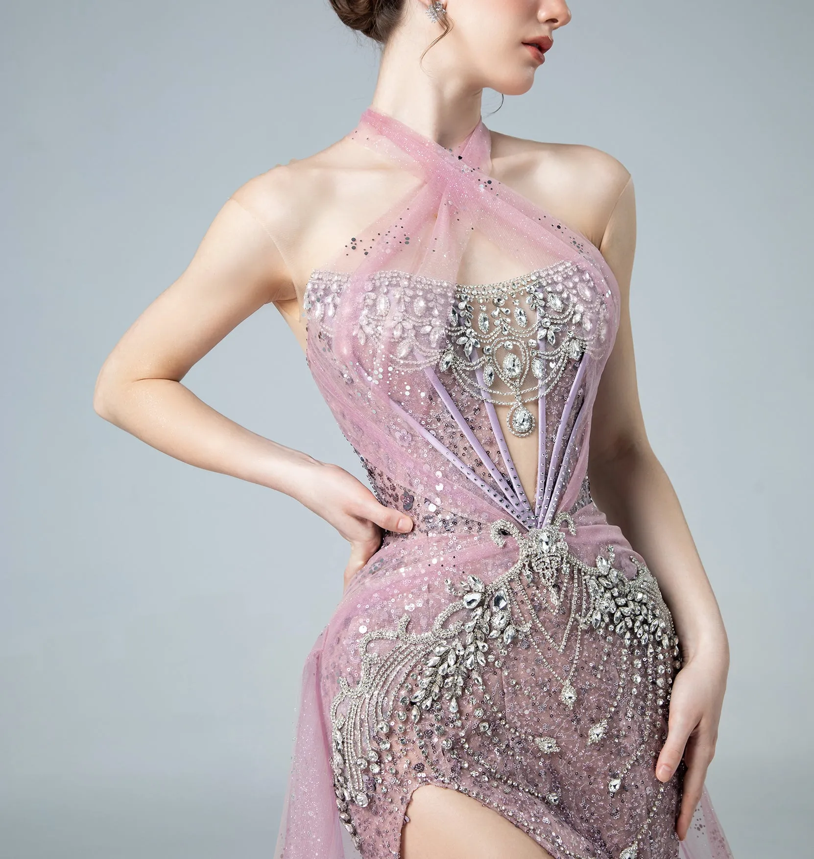 Ethereal Pink Beaded Evening Gown