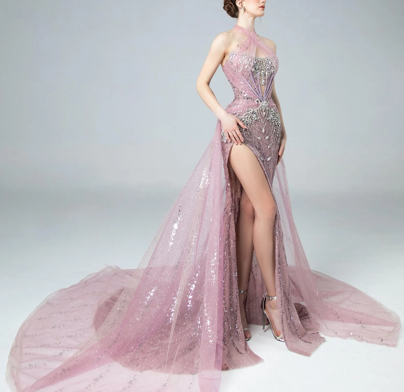 Ethereal Pink Beaded Evening Gown