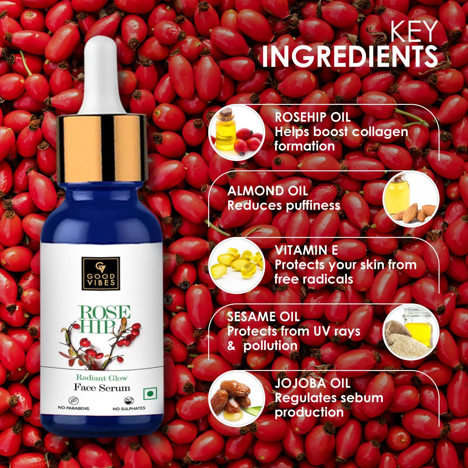 Good Vibes Rosehip Radiant Glow Face Serum | Light, Non-Sticky, Brightening | With Vitamin E | No Parabens, No Sulphates, No Animal Testing (10 ml)