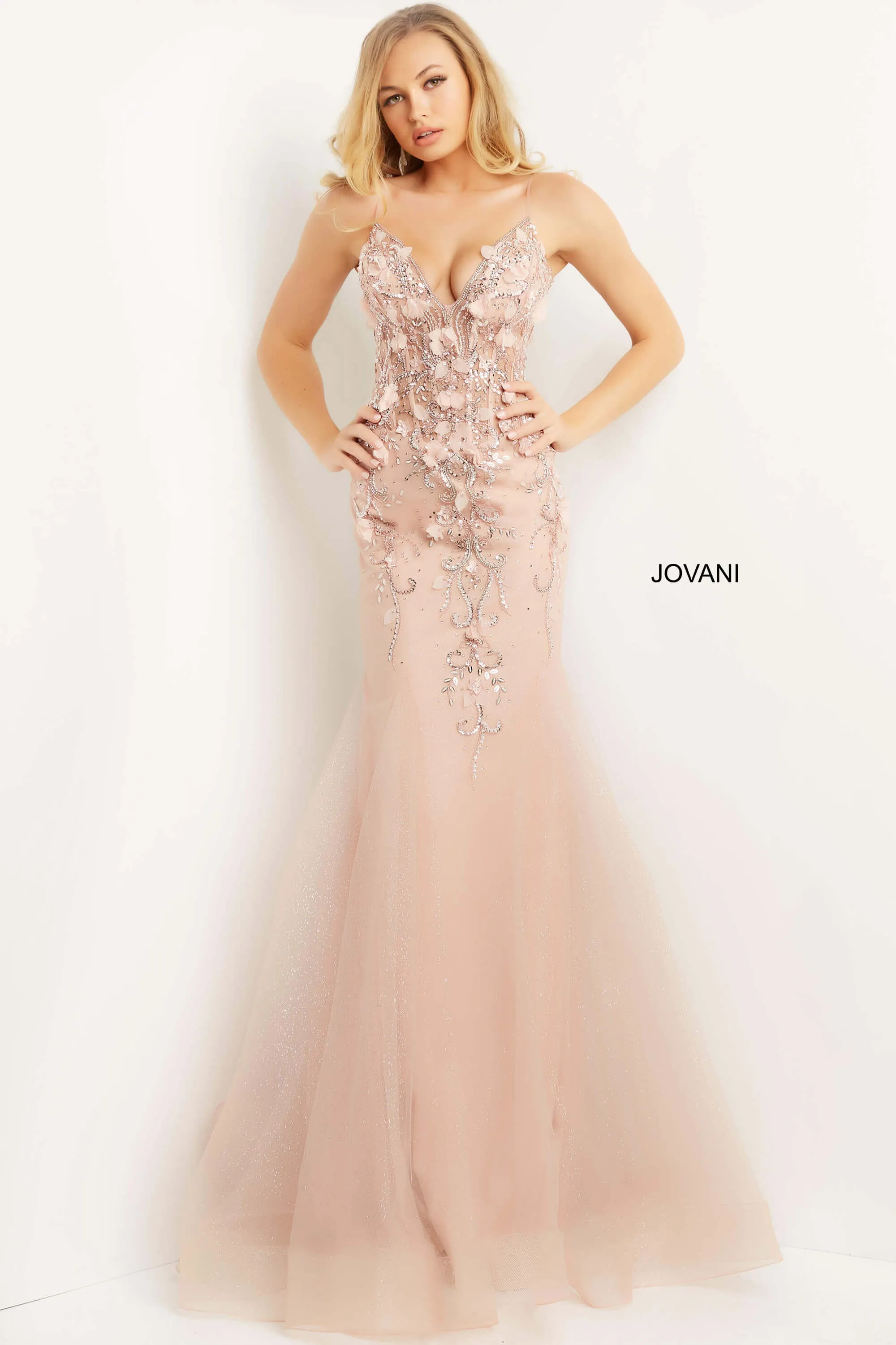 Jovani 05839 Long Mermaid Prom Dress Pageant Gown Formal Dress Floral V Neck
