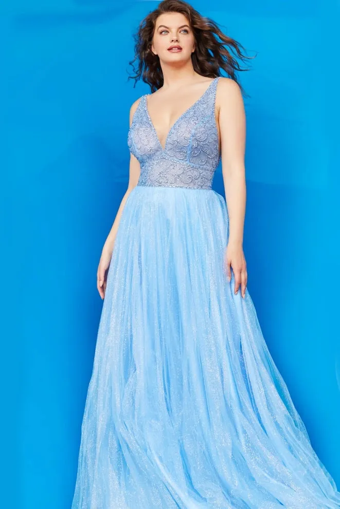 Jovani JVN05818 Fuchsia Prom Dress Long A Line Glitter Tulle Sheer V Neck Backless Embellished size 8