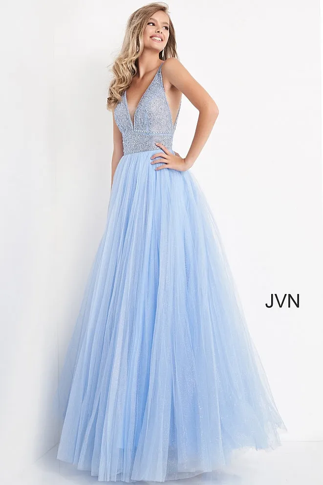 Jovani JVN05818 Fuchsia Prom Dress Long A Line Glitter Tulle Sheer V Neck Backless Embellished size 8