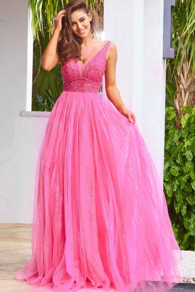 Jovani JVN05818 Fuchsia Prom Dress Long A Line Glitter Tulle Sheer V Neck Backless Embellished size 8