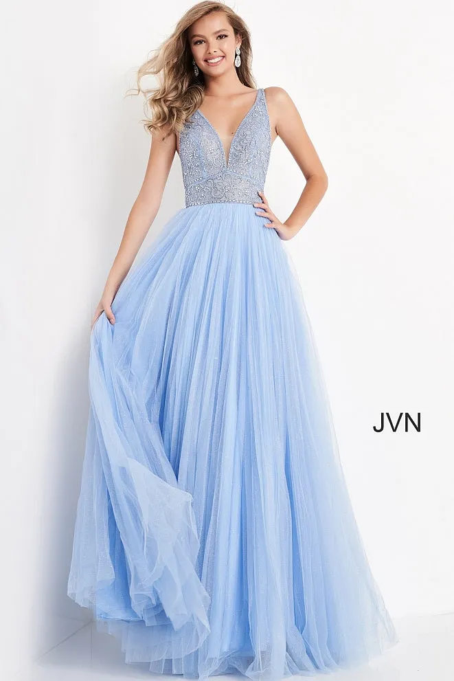 Jovani JVN05818 Fuchsia Prom Dress Long A Line Glitter Tulle Sheer V Neck Backless Embellished size 8