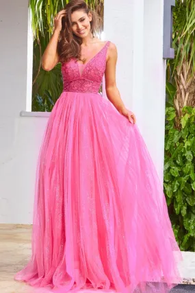 Jovani JVN05818 Fuchsia Prom Dress Long A Line Glitter Tulle Sheer V Neck Backless Embellished size 8