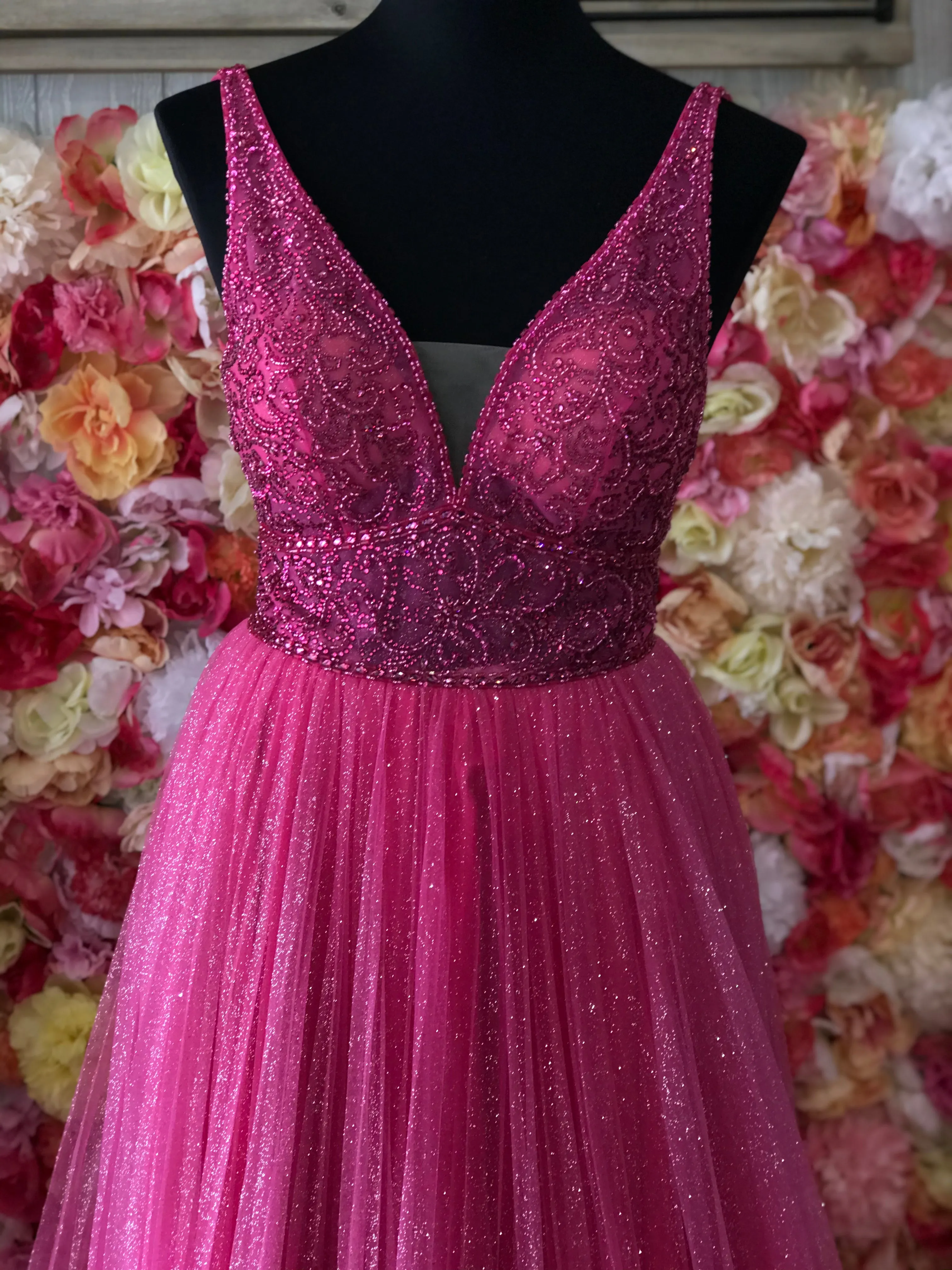Jovani JVN05818 Fuchsia Prom Dress Long A Line Glitter Tulle Sheer V Neck Backless Embellished size 8