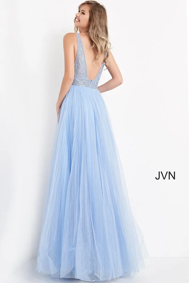 Jovani JVN05818 Fuchsia Prom Dress Long A Line Glitter Tulle Sheer V Neck Backless Embellished size 8