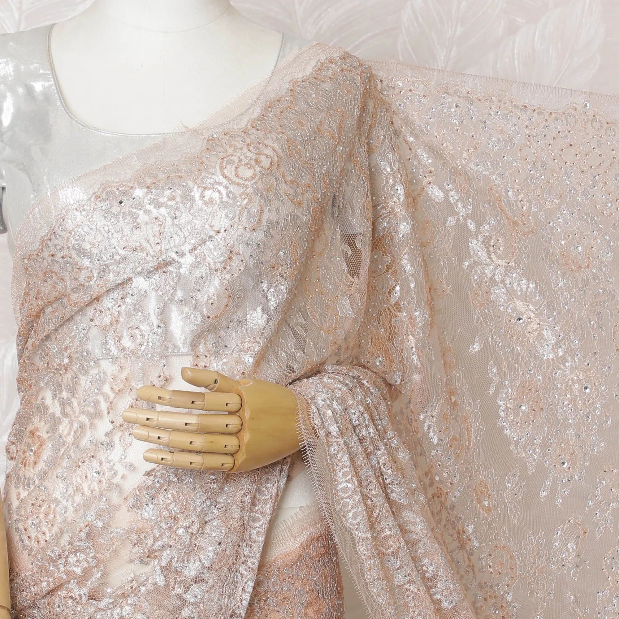 Light Peach French Chantilly Ombre Lace Saree with Crystal Accents - 110cm x 5.5 Mtrs Piece-D18773