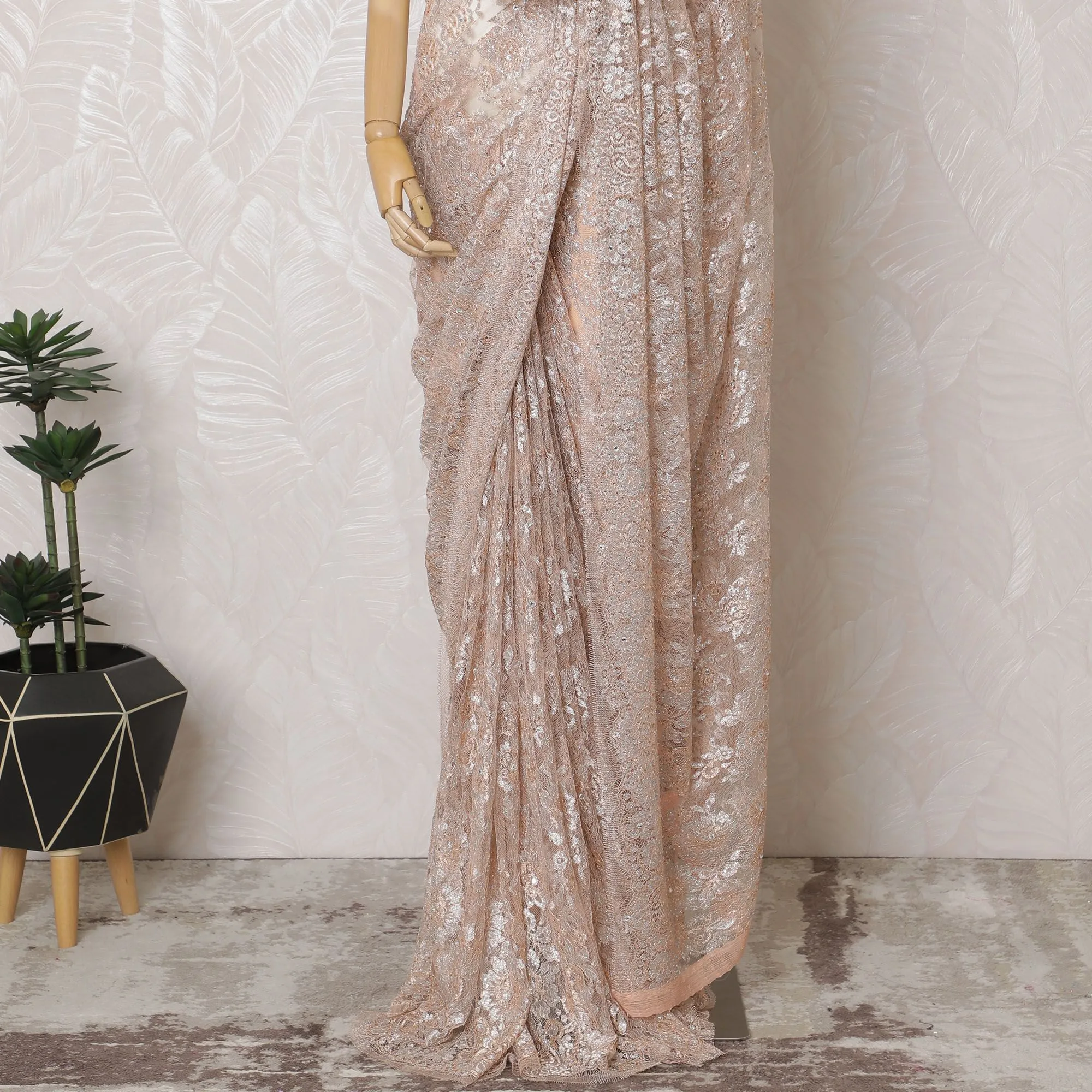 Light Peach French Chantilly Ombre Lace Saree with Crystal Accents - 110cm x 5.5 Mtrs Piece-D18773