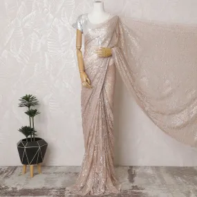 Light Peach French Chantilly Ombre Lace Saree with Crystal Accents - 110cm x 5.5 Mtrs Piece-D18773