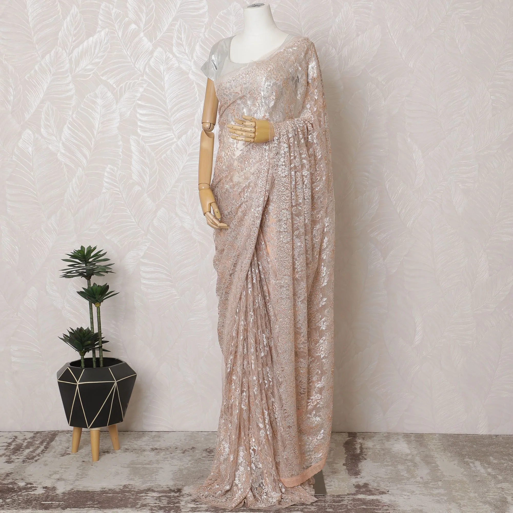 Light Peach French Chantilly Ombre Lace Saree with Crystal Accents - 110cm x 5.5 Mtrs Piece-D18773