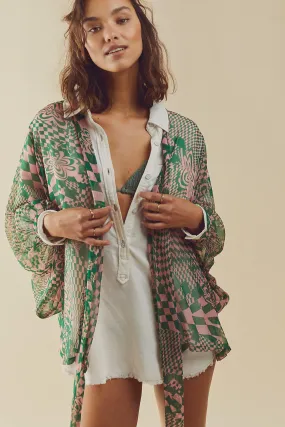 Sheer Floral Geo Tie Front Kimono
