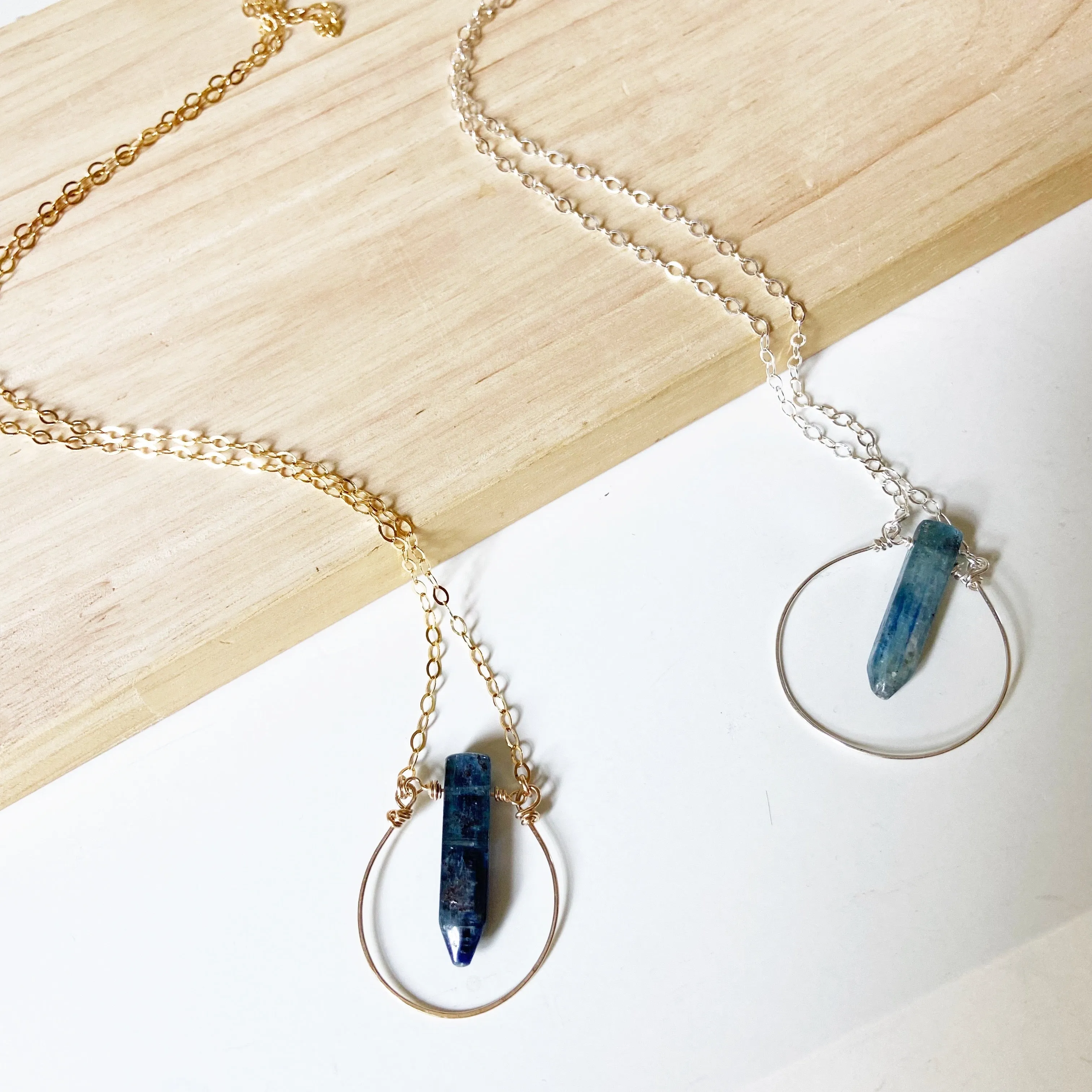 Smooth Kyanite Point Pendant in Silver or Gold (30 inches)